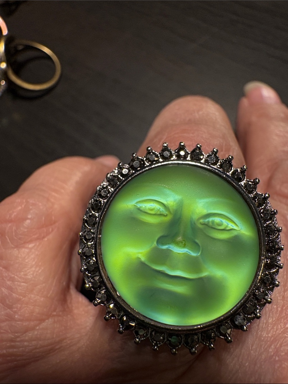 Kirks Folly Iridescent Blue/Green Cameo Ring with Black Crystal Halo